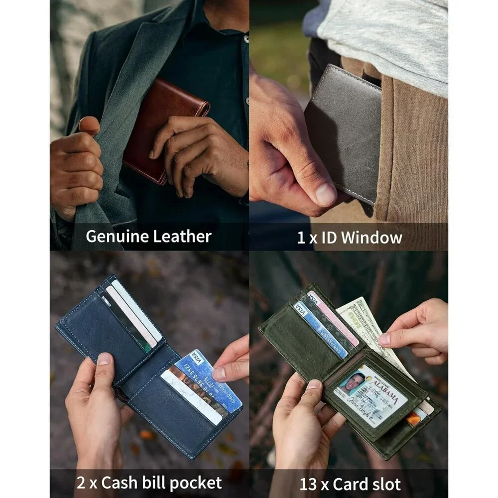 Men's Classic Holders Bifold Wallet Card Green Genuine Leather 2 Cash Pockets